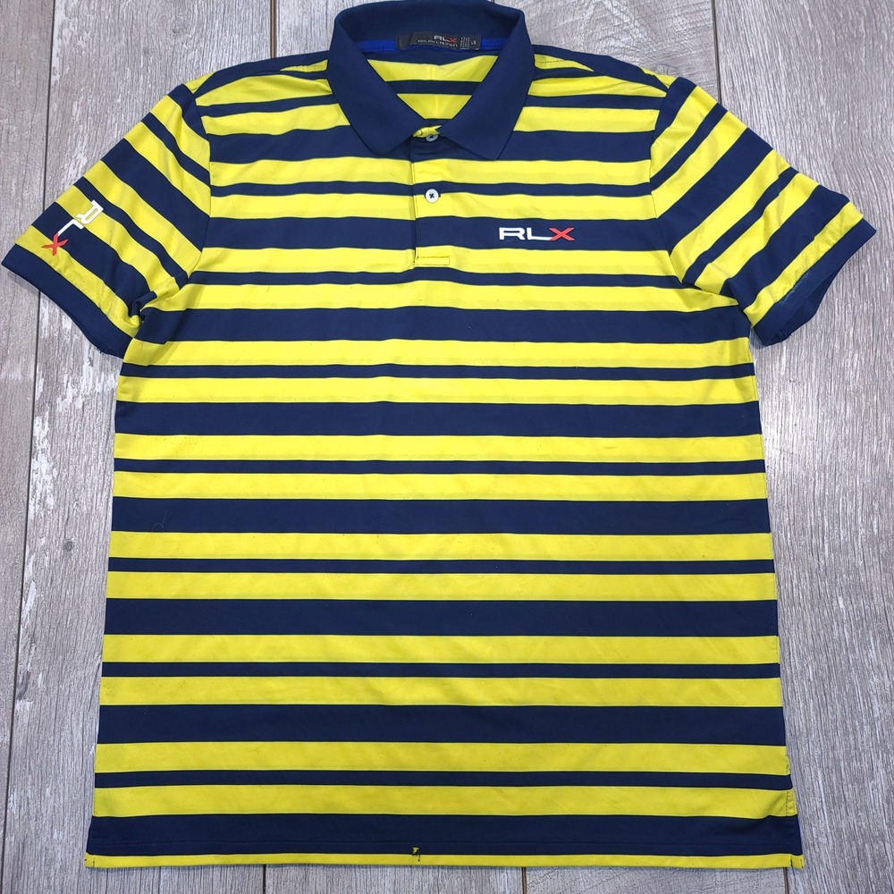RLX Polo Shirt Mens Large Yellow Blue Striped Performance Golf Short Sleeve